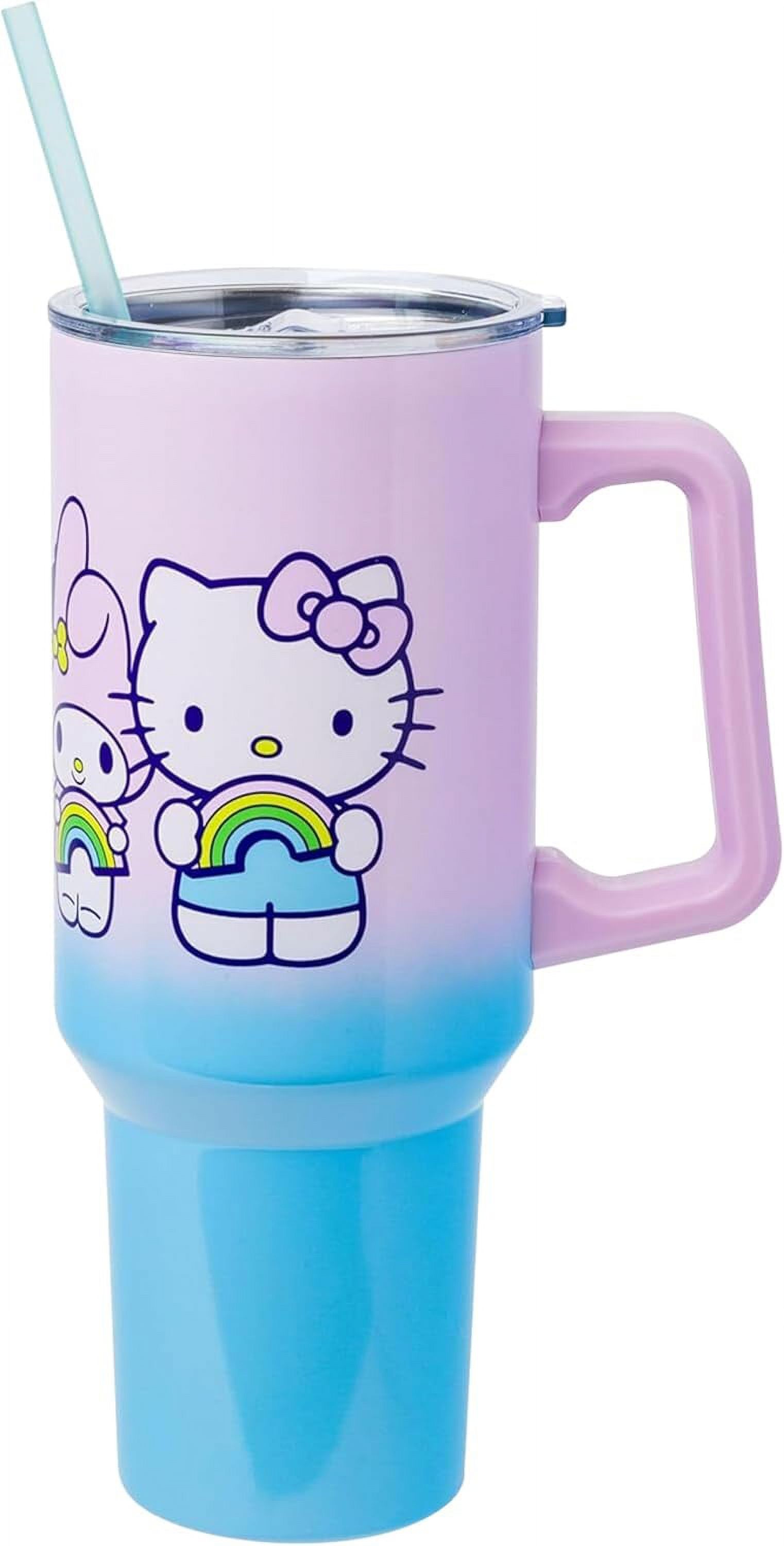 Sanrio Hello Kitty and Friends Including My Melody, Kuromi, and Pompompurin Rainbow Ombre Stainless Steel Tumbler with Handle and Straw, Fits in Standard Cup Holder, 40 Ounces